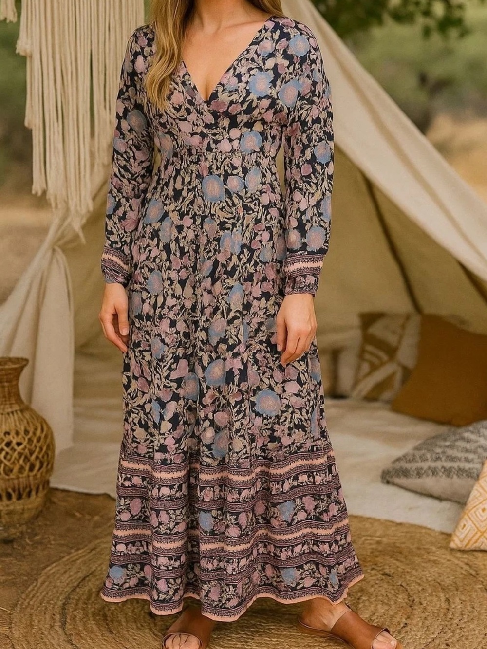 Billabong Floral V‑Neck Long Sleeve Maxi Dress in Dusty Pink and Navy